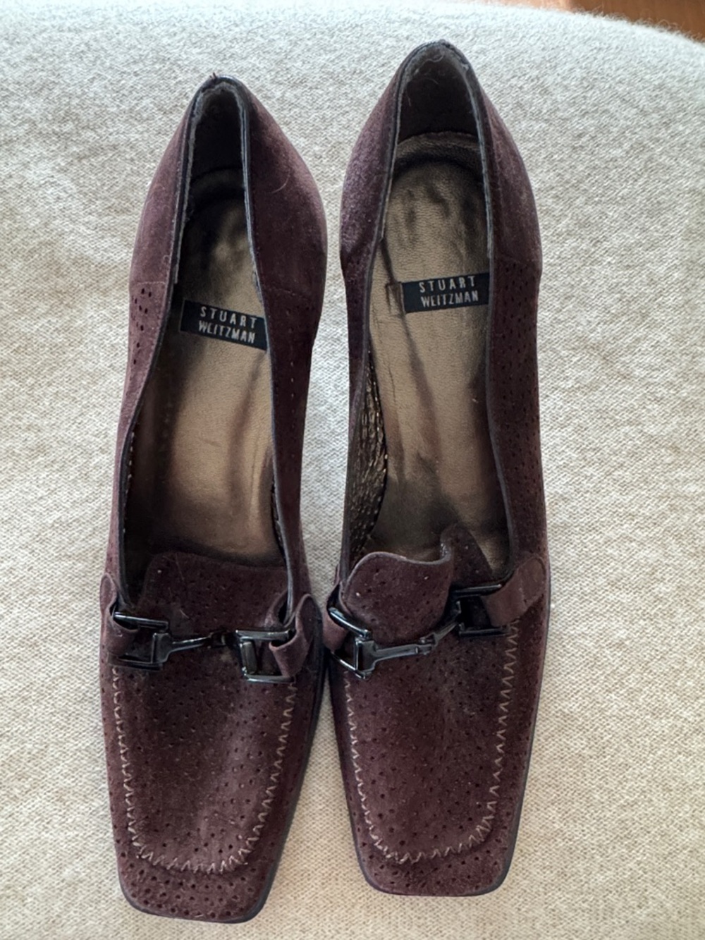 Stuart Weitzman Burgundy Suede Loafers with Black Metal Bit
